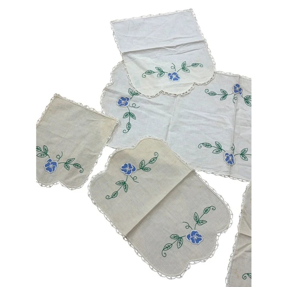 Vintage Hand Embroidered Linen Dresser Scarf Doily Set Blue Pansy Floral 8pc